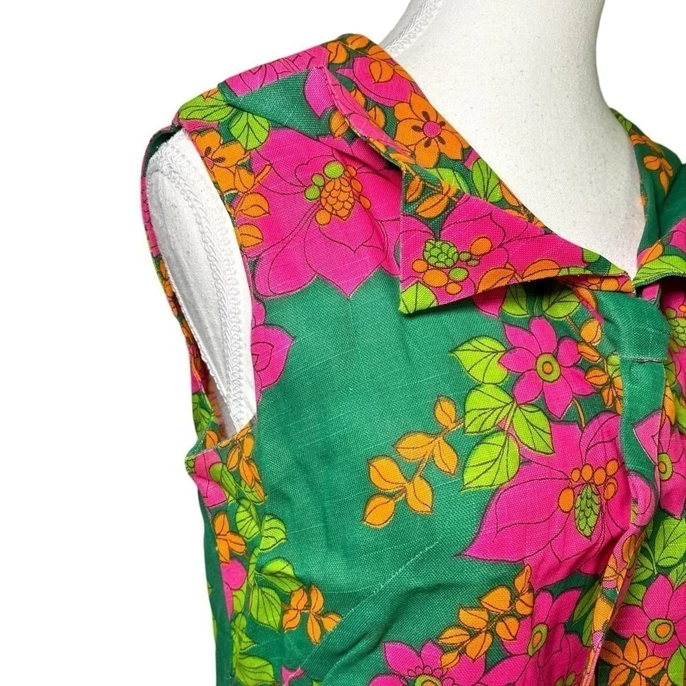 Lee Holliday Kelly Green, Pink, Orange, & Green Floral Print Midi Shift Dress